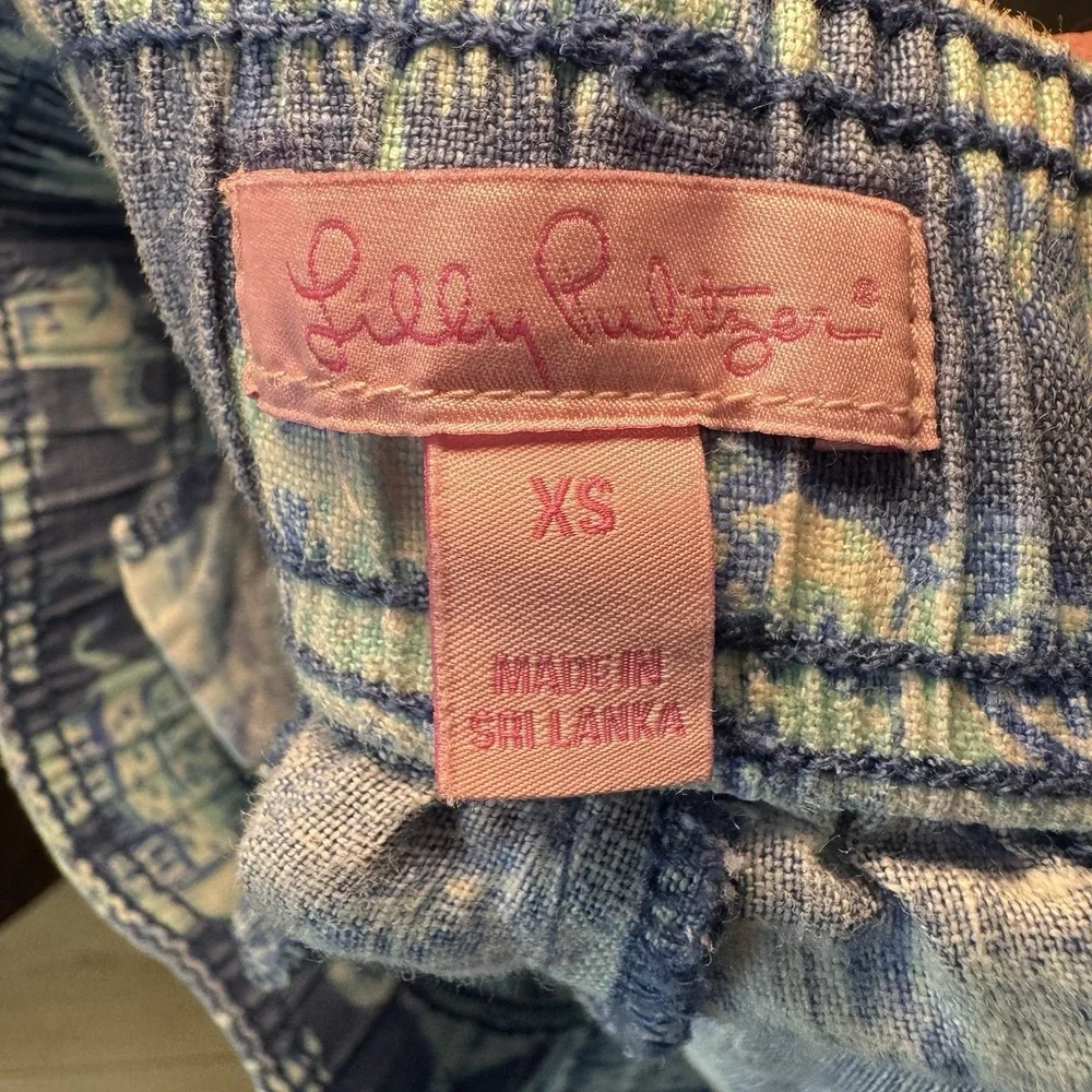 Lilly Pulitzer Linen Pants Womens Size XS Blue White Elephants 4-pocket Pull-On